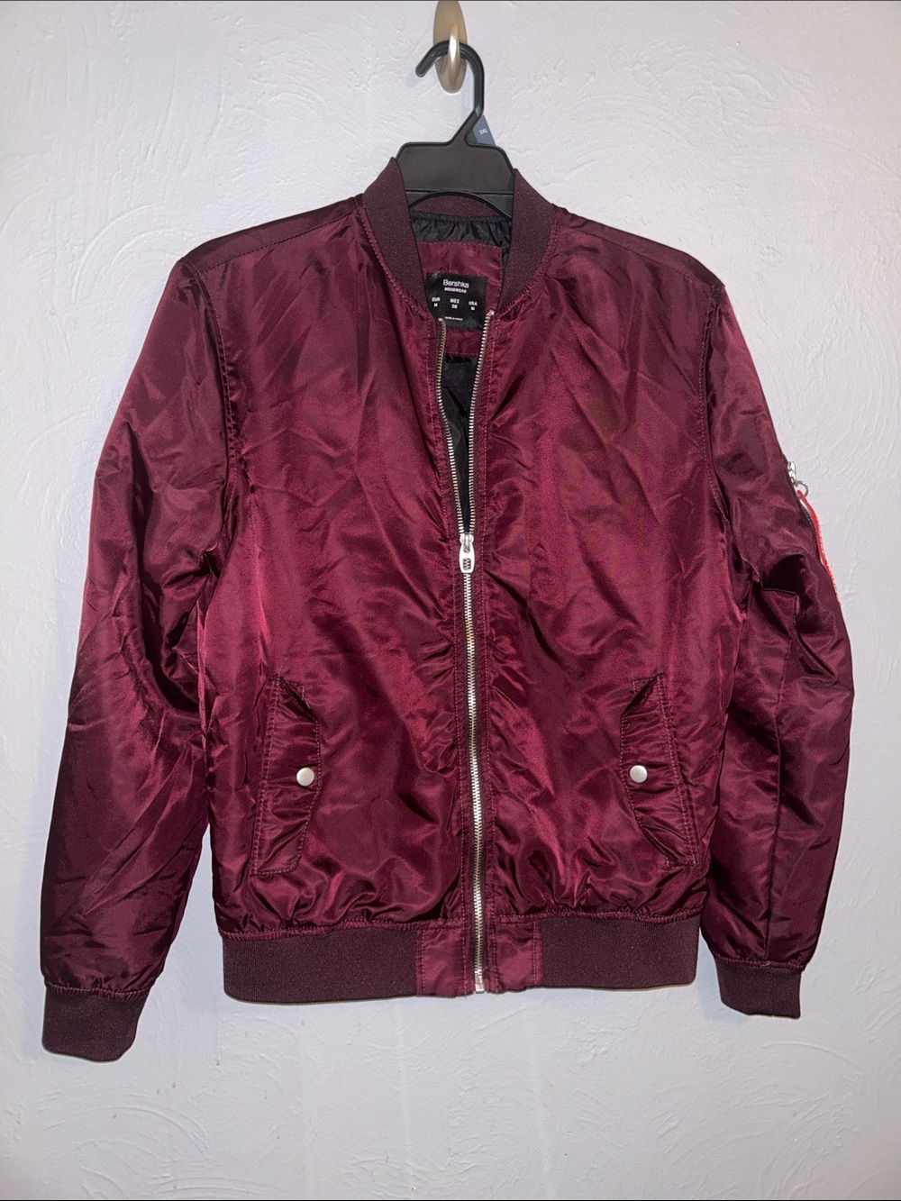 Bershka Men's Maroon Bomber Jacket with Silver Zip